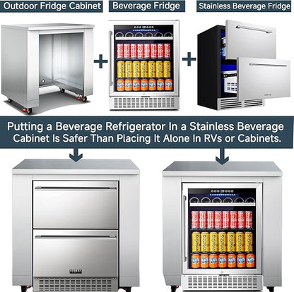 BODEGA Stainless Steel Outdoor Kitchen Cabinet for Beverage Fridge, Under Counter Beverage Refrigerator Cabinet Module is Designed to 24-inch Indoor/Outdoor Under-Counter Refrigerator.