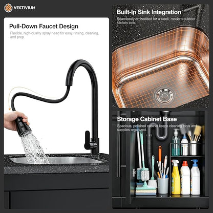 Stainless Steel Double Door Outdoor Sink Cabinet, White Quartz Countertop, Hidden Handle, Pull-Down Faucet, Large Storage, Modular BBQ Island Prep Sink for Patio - White
