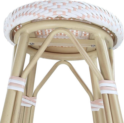 Seadrift Boho 30-inch Aluminum and All-Weather Wicker Barstools with Footrest, Patio Stools & Bar Chairs for Outdoor, Kitchen Counter, Poolside, Yard, Set of 2, White and Pink