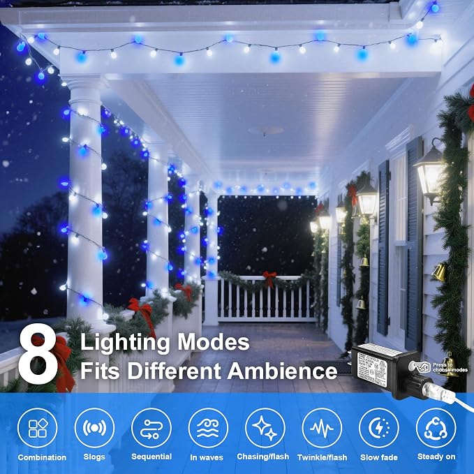 Blue White Christmas Fairy String Lights, 165FT 500L Indoor Outdoor | 8 Modes with Memory, IP65 Waterproof, Clear Wire, Tangle-Free Design for Bedroom Garden Wedding Wall Tree Party