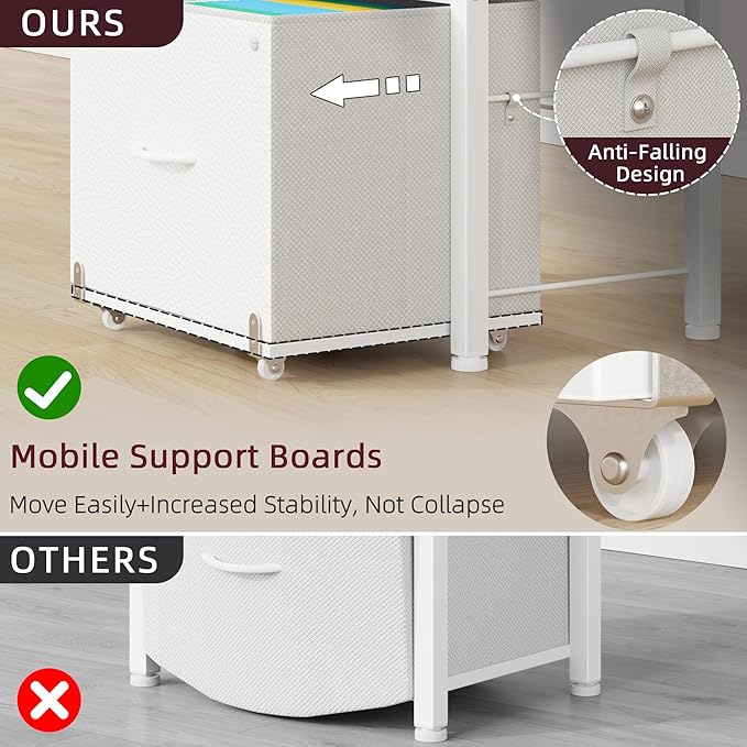 HIGDBFE Filing Cabinet with 2-Tier Printer Shelves, 2 Fabric Drawers File Cabinet with Reversible Side Bag&File Drawer, Printer Stand with Storage for Home Office, White, 16.5" W