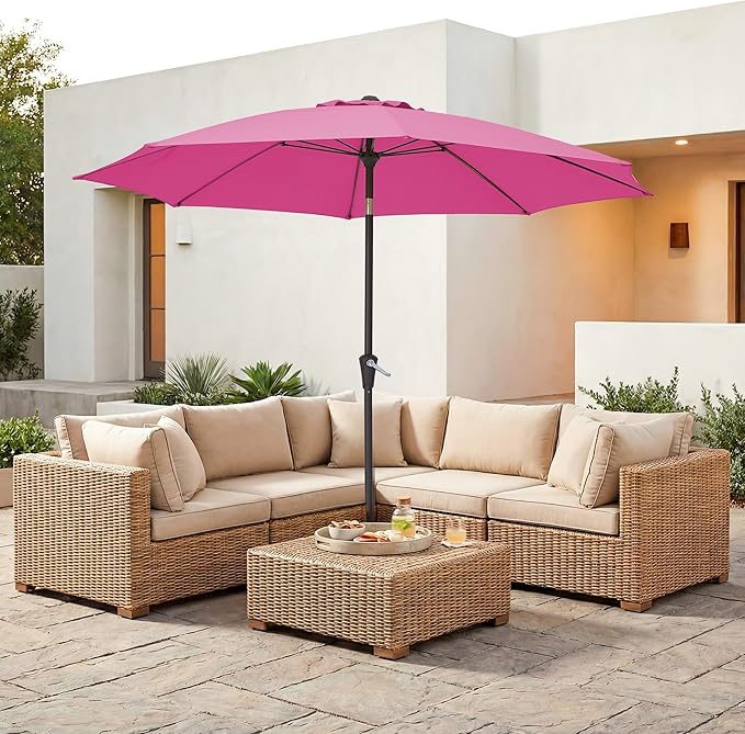 JEAREY 9FT Outdoor Patio Umbrella,Market Table Umbrella with 8 Fiberglass Ribs, Pool Umbrella with Tilt and Crank, UV Protection Lightweight & Wind-Resistant for Lawn, Garden, Deck and Backyard, Rose Pink