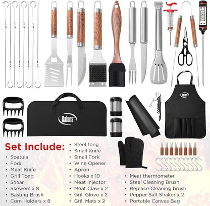 Kaluns 50PC BBQ Grill Tools Set – Heavy Duty Stainless Steel Grill Accessories Kit with Case, Apron, Hooks, Thermometer, Injector, Claws & Mats – Fathers Day Gift for Dad, Men