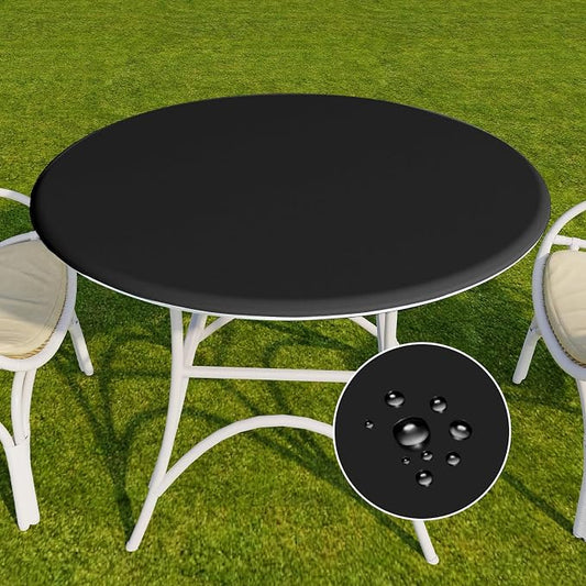 Romanstile Round Fitted Vinyl Tablecloth with Elastic Edge 100% Waterproof | Table Covers for 45"- 56" Tables, Wipeable Flannel Backed Plastic Table Cloths for Dinner, Picnic, Camping, Outdoor, Black