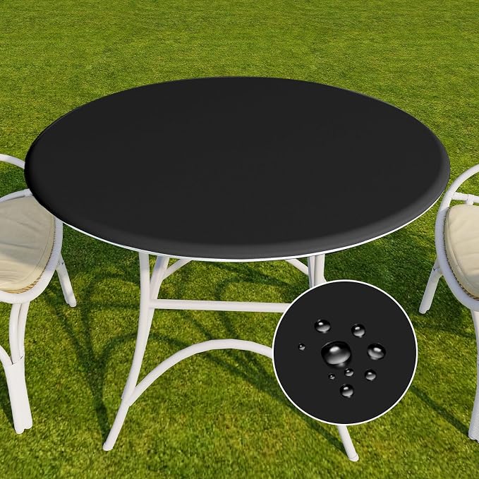 Romanstile Round Fitted Vinyl Tablecloth with Elastic Edge 100% Waterproof | Table Covers for 36"- 44" Tables, Wipeable Flannel Backed Plastic Table Cloths for Dinner, Picnic, Camping, Outdoor, Black