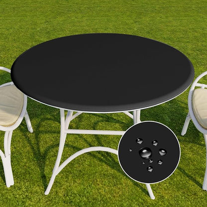 Romanstile Round Fitted Vinyl Tablecloth with Elastic Edge 100% Waterproof | Table Covers for 36"- 44" Tables, Wipeable Flannel Backed Plastic Table Cloths for Dinner, Picnic, Camping, Outdoor, Black