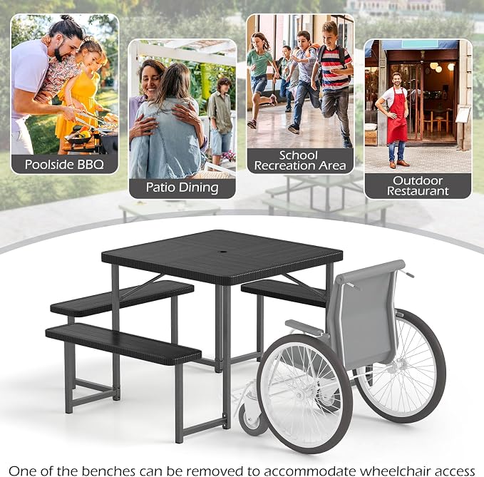 4-8 Person Picnic Table Set, Umbrella Hole, Heavy-Duty Metal Frame & 4 Benches, HDPE Square Outdoor Dinning Table & Benches for Outside, Patio, Garden, Backyard, Porch (Black)