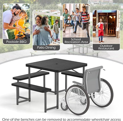 4-8 Person Picnic Table Set, Umbrella Hole, Heavy-Duty Metal Frame & 4 Benches, HDPE Square Outdoor Dinning Table & Benches for Outside, Patio, Garden, Backyard, Porch (Black)