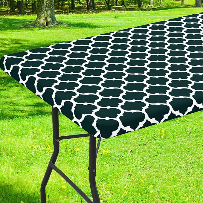 Smiry Picnic Fitted Table Cover, 5 Foot Flannel Backed Vinyl Tablecloth | Waterproof Elastic Stretch Table Cloth, Wipeable Plastic Tablecloth for Camping, Indoor & Outdoor (Hunter Green, 30" x 60")