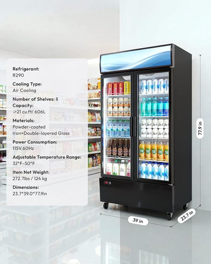 21 Cu.Ft Commercial Display Refrigerator with Double Glass Doors | LED Lightbox, 8 Adjustable Shelves, 32-50°F Digital Control, R290 Air Cooling, ETL Certified, Retail Store Use