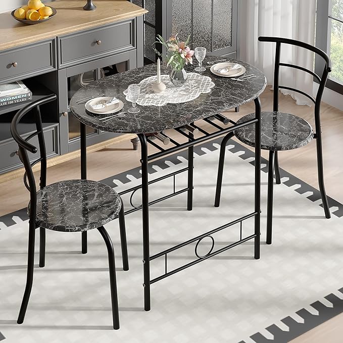 VECELO 3-Piece Dining Table Set for Kitchen Breakfast Nook, Wood Grain Oval Tabletop and Metal Frame with Built-in Wine Rack, for Small Spaces, Faux Marble Black