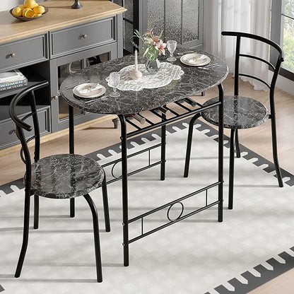 VECELO 3-Piece Dining Table Set for Kitchen Breakfast Nook, Wood Grain Oval Tabletop and Metal Frame with Built-in Wine Rack, for Small Spaces, Faux Marble Black