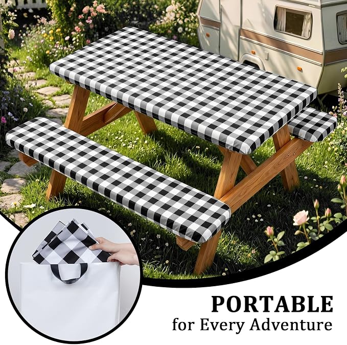 Poise3EHome Picnic Table Cover with Bench Covers, 6 Foot Fitted Elastic Tablecloth Set, Heavy Duty Polyester with TPU Waterproof Backing, Washable Outdoor Picnic Set for Camping,RV & Park(Black&White)