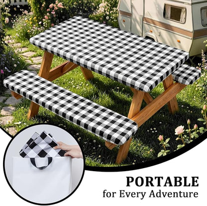 Poise3EHome Picnic Table Cover with Bench Covers, 6 Foot Fitted Elastic Tablecloth Set, Heavy Duty Polyester with TPU Waterproof Backing, Washable Outdoor Picnic Set for Camping,RV & Park(Black&White)