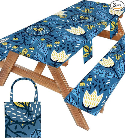 Picnic Table Cover with Bench Covers Waterproof Elastic Rectangle Tablecloth Camping Essentials Supplies Rv Car Travel Gear Must Haves Accessories Fitted Table Cloth Outdoor Road Trip Camper Gifts 8ft
