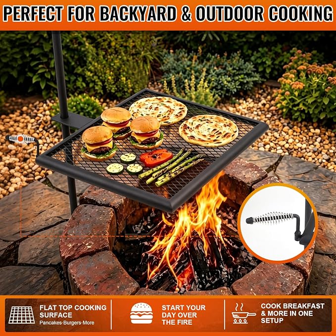 24" x 24" Fire Pit Campfire Grill Grate Campfire Grill Portable Open Fire Cooking Heavy-duty Foldable Camping Cooking Barbecue Rack Easy Setup & Adjustable Height for Outdoor BBQ