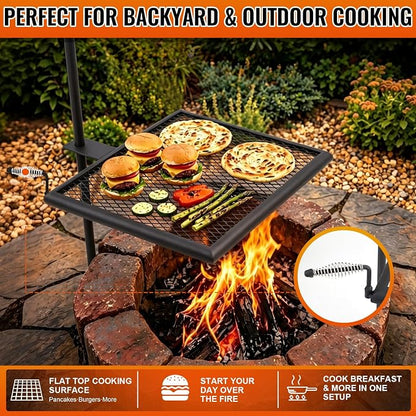 24" x 24" Fire Pit Campfire Grill Grate Campfire Grill Portable Open Fire Cooking Heavy-duty Foldable Camping Cooking Barbecue Rack Easy Setup & Adjustable Height for Outdoor BBQ