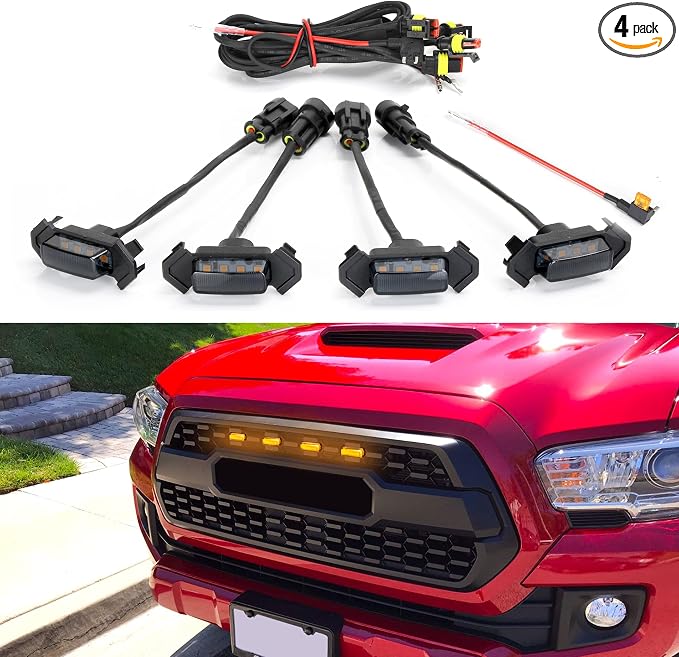 Seven Sparta 4 PCS Grill Led Lights with Fuse Adaptor Compatible with 2016-2023 Toyota Tacoma TRD Pro OEM Front Grille (Amber Light with Black Shell)