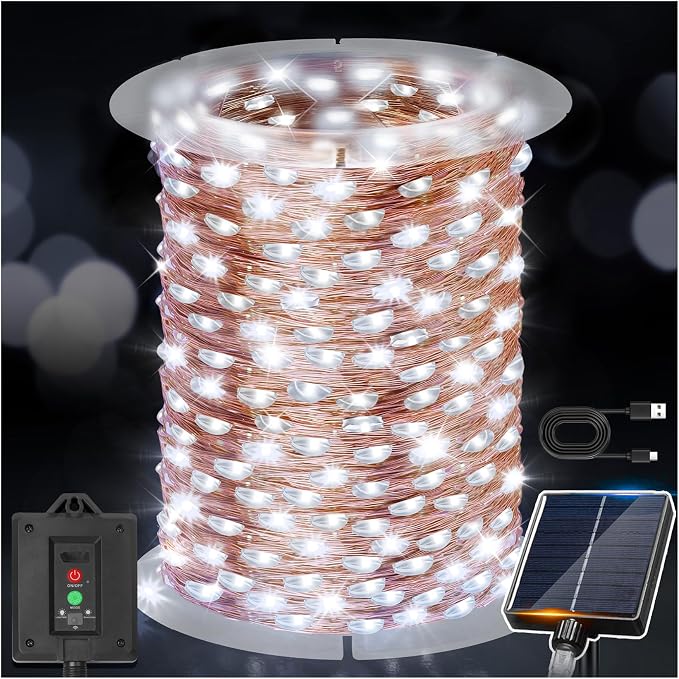 KNONEW 203FT 600LED Solar Fairy String Lights Outdoor Cool White 8 Modes | 8 Modes IP44 Waterproof Copper Wire Extra Long for Garden Patio Yard Christmas Wedding Party Indoor Outdoor