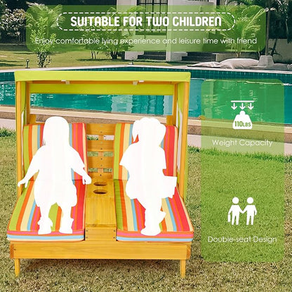 COSTWAY Kids Double Chaise Lounge Outdoor, 2-Seat Patio Lounge Chair with Cup Holders & Cushions, Kids Beach Chair with Canopy, Wood Patio Furniture for Children Boys Girls 3-8 Year Old