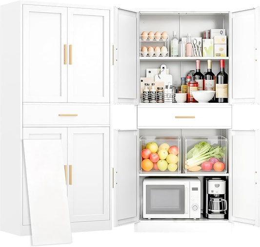 CJF 71" Metal Kitchen Pantry Cabinet with Drawer, Tall Storage Cabinet with 2 Adjustable Shelves and 4 Doors, Heavy Duty Freestanding Floor Cupboard for Home, Kitchen, Dining, Living, White