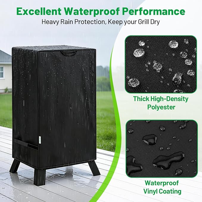 30 Inch Smoker Cover for Masterbuilt, Heavy Duty Waterproof Vertical Electric Smoker Cover with Windproof Straps & Handles, UV & Fade Resistant Outdoor BBQ Grill Protection, Black