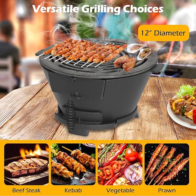Happygrill Cast Iron Hibachi Charcoal Grill, Portable Japanese BBQ Grill w/ 12” Double-Sided Grate, Air Regulating Door & Fire Gate, Outdoor Tabletop Hibachi Grills for Camping, Picnic