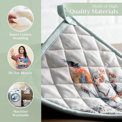 Maison d' Hermine Pot Holders 100% Cotton Heat Resistant Potholders 8" x 8" Hot Pads with Loop for Thanksgiving Christmas Decorations BBQ Cooking Handling Hot Pans (Pack of 1, Whitish Shabby Chique)