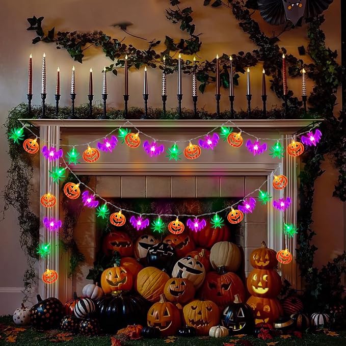 2 Pack Halloween Lights Outdoor Indoor Decorations Total 40FT 60 LED Pumpkin Bat Spider Halloween String Lights Battery Operated, 8 Modes Waterproof Cute Fairy Lights for Home Office Outside Decor