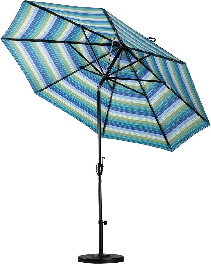 California Umbrella 9' Round Aluminum Market Umbrella, Crank Lift, Push Button Tilt, Black Pole, Sunbrella Linen Sesame