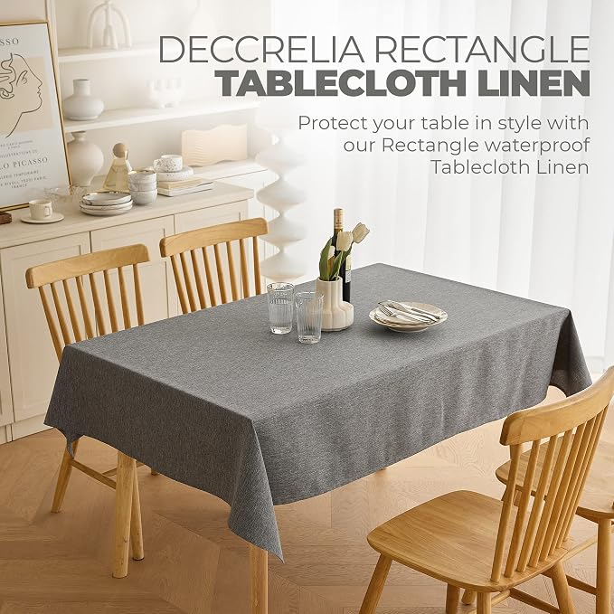 Decorelia Waterproof Linen Table Cloth for 8ft Rectangle Table, Easy to Clean Wrinkle-Free Wipeable Outdoor Tablecloth for Wedding, Party, and Camping(Oblong, 60 x 120 Inch (10-12 Seats), Dark Grey)