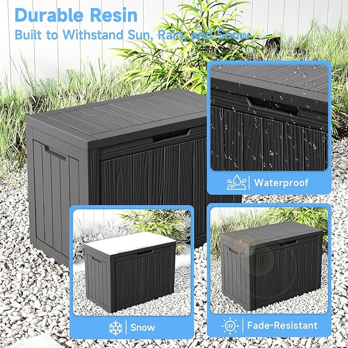 Pepe Tee Waterproof Resin Deck Box, Outdoor Storage Bin for Patio Furniture Cushions, All-Weather Garden Organizer & Seating Bench, Black