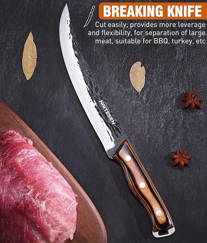 Naitesen 4PCS Hand Forged Butcher Knife and Kitchen Knife 2 in 1 Set, Heavy Duty Meat Cleaver Serbian Chef Knife Breaking Knife Boning Knife for Meat Cutting BBQ Gifts for Men Women