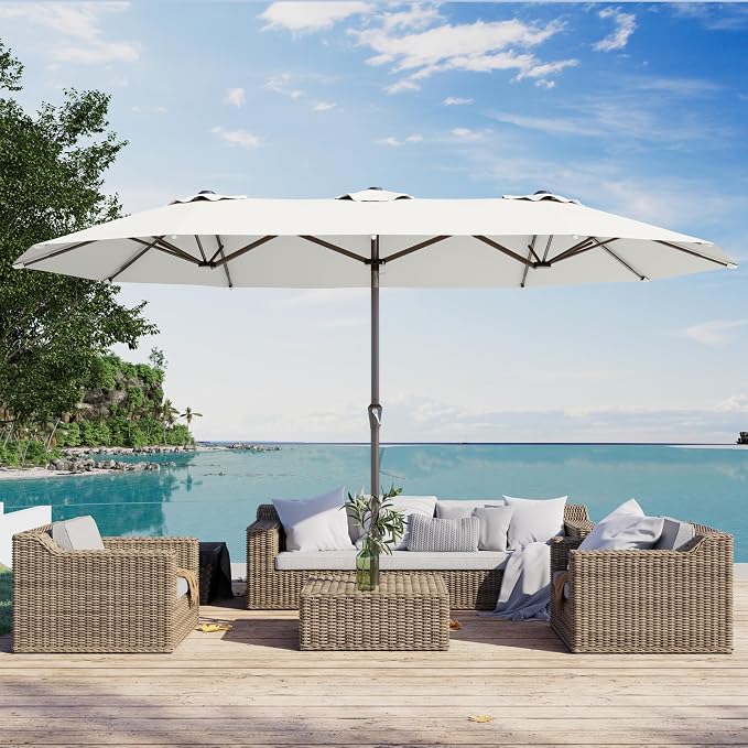 PatioKingdom 15FT Large Patio Umbrella with Base, Double Sided Rectangular Outdoor Umbrella with Sturdy Fiberglass Ribs, Market Umbrella for Pool,Garden,Backyard,Deck (Creamy-white, 15FT)
