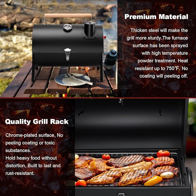 Portable Charcoal Grill with Thermometer & Small Tabletop Barbecue Grill, Joyfair Barbecue Grill for Outdoor Camping Backyard Party BBQ, Small Grill with Food Tray & Rack (2 IN 1 Double-Sided)