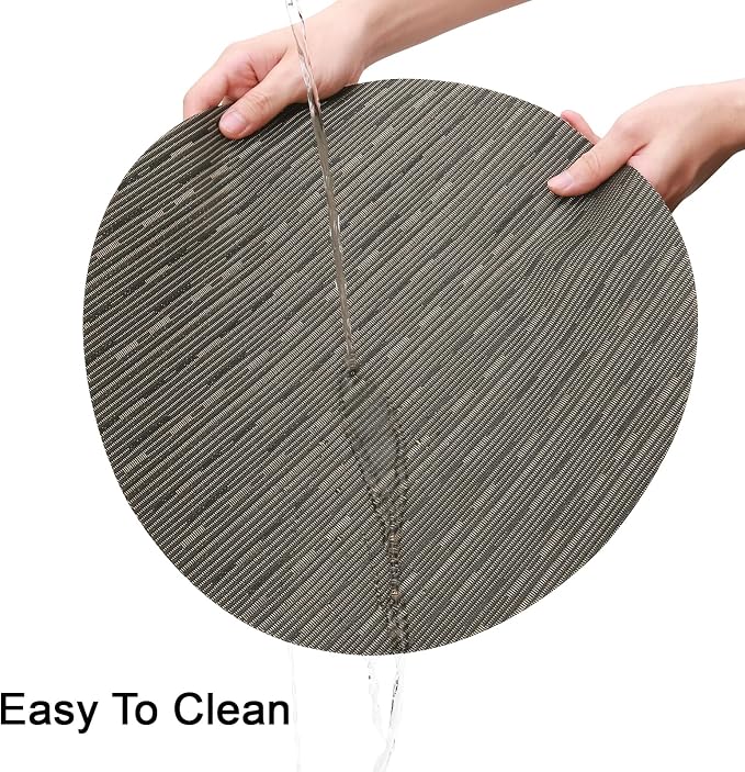 Round Placemats Set of 4 Heat Resistant Vinyl Placemats 15 inch Washable Non-Slip Table Mats Woven Place Mats for Dining Table (Black + Golden, Set of 4)