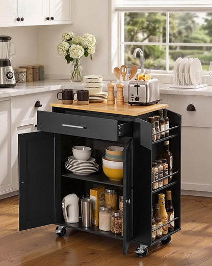 VEVOR Kitchen Island Cart with Storage, 31.3 in Wide Mobile Rolling Storage Island on Swivel Wheels, with Drawer, Storage Cabinet, Spice/Towel Rack, Table for Home Dining Room, Black