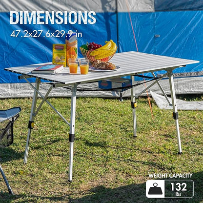 Portal Camping Table Portable Foldable with Adjustable Legs, Aluminum Folding Table Roll Up Table with Carrying Bag for Outdoor, Beach, Picnic, Backyards, BBQ and Party, Silver, Big