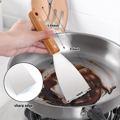 Grill Griddle Scraper Set of 3, Leonyo Stainless Steel Metal Flat Top Grill Scraper Tool for Teppanyaki BBQ Dough Pancake Pizza Home Baking Cooking, Wooden Grip