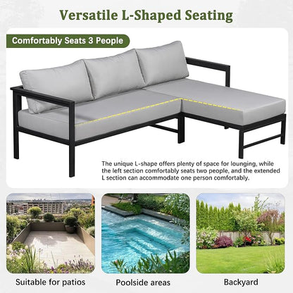 VilroCaz Outdoor L-Shaped Sectional Sofa with 5.9'' Ultra-Thick Cushions, All Weather Patio Conversation Set with Iron Frame for Balcony Garden (Gray-3.24)