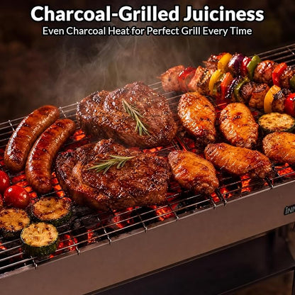 Charcoal Grill, Foldable Portable Camping Charcoal Grill, Stainless Steel BBQ Grill with Ceramic Grate, 2-in-1 Side Tables & Pull-Out Ash Pan Outdoor & Backyard Grill for Patio Cooking