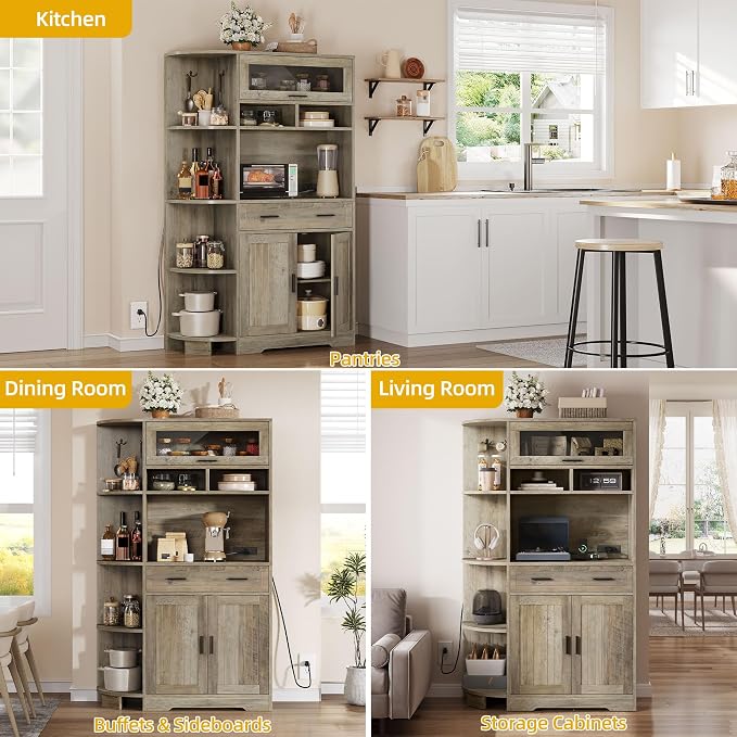 DWVO 67" Farmhouse Kitchen Pantry Cabinet with Storage Cabinet, Ash Gray | Coffee Bar & Charging Station, Buffet Sideboard, Microwave Stand, Hutch Cupboard for Dining Room Kitchen Living Room