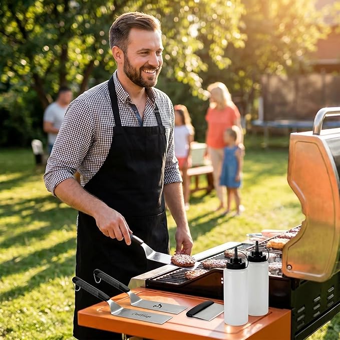 Blackstone Griddle Spatula Set 5-Piece - Heavy Duty 3mm Stainless Steel BBQ Tools with Scraper & Oil Bottles - Professional Griddle Accessories for Blackstone/Camp Chef/Hibachi/Camping Grill