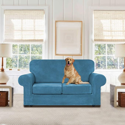 WEERRW Velvet Stretch 3 Pieces Couch Cover for Sofa Washable, Peacock Blue | Love Seat Couch Covers for 2 Cushion Couch Sofa Furniture Protector slipcoves with Elastic Bottom for Kids, Medium