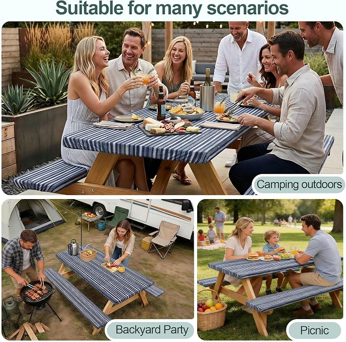 Picnic Table Cover Bench Covers Camping Essentials Tablecloth | Waterproof Vinyl for Outdoor, Windproof Elastic Fitted Edges, RV BBQ Accessories Must Haves, Storage Bag Included