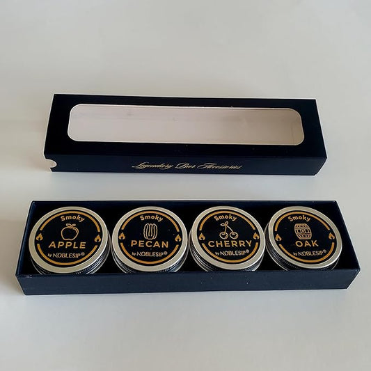 NOBLESIP® Wood Chips for Cocktail and Food Smokers. Set of 4 Selected Natural Flavors: Apple, Cherry, Pecan, Oak. Smoke Whiskey, Bourbon, Old Fashioned, Meats and Cheese. Smokes 200+ Drinks.