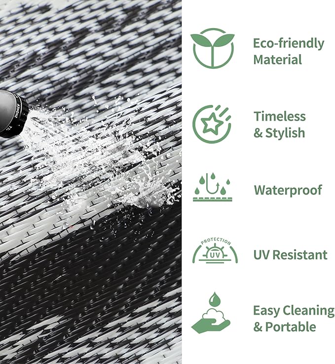 GENIMO Outdoor Rug, Waterproof Plastic Rugs for Patio, 9'x12' Onyx White | Outside Larger Modern Carpet Mat for Porch Decor, Deck, Balcony, Camping, RV, Backyard, Picnic, Beach, Reversible, Foldable