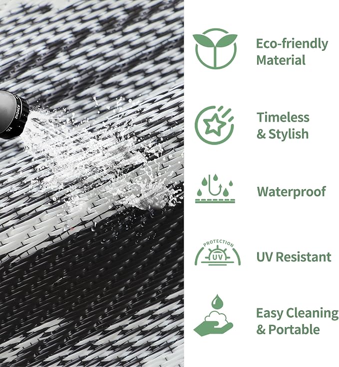 GENIMO Outdoor Rug, Waterproof Plastic Rugs for Patio, 8'x10' Onyx White | Outside Larger Modern Carpet Mat for Porch Decor, Deck, Balcony, Camping, RV, Backyard, Picnic, Beach, Reversible, Foldable