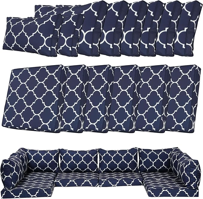 14 Piece Outdoor Patio Cushion Cover Replacement, Waterproof Patio Cushion Covers, Outdoor Furniture Cushion Covers Set for 6 Seat Wicker Rattan Sofa (Blue Grid)