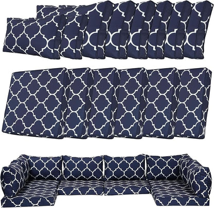 14 Piece Outdoor Patio Cushion Cover Replacement, Waterproof Patio Cushion Covers, Outdoor Furniture Cushion Covers Set for 6 Seat Wicker Rattan Sofa (Blue Grid)